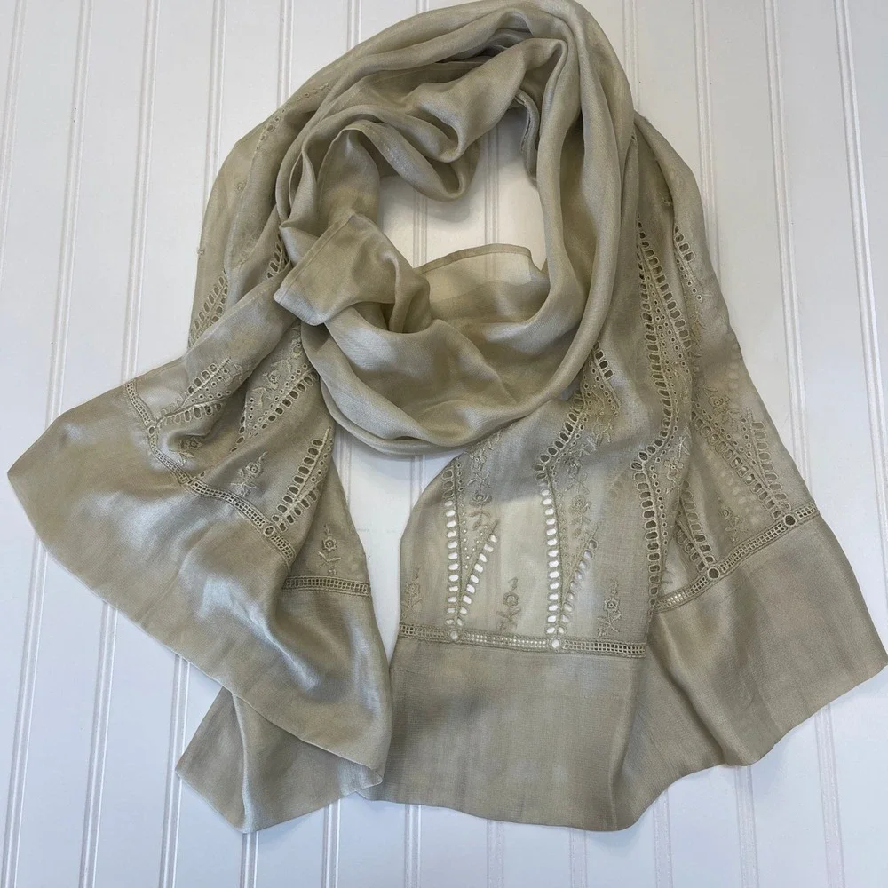 Liz Claiborne Silk Scarf Champagne Taupe Embroidered Eyelet Lace Rectangle